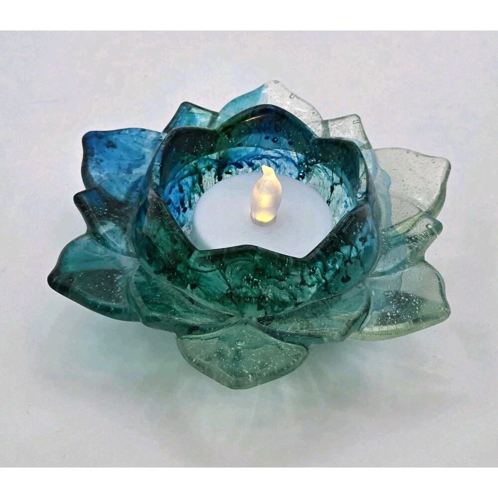 Lotus Flower 4.5" Tealight Holder Handcrafted Translucent Blue Green READYtoShip